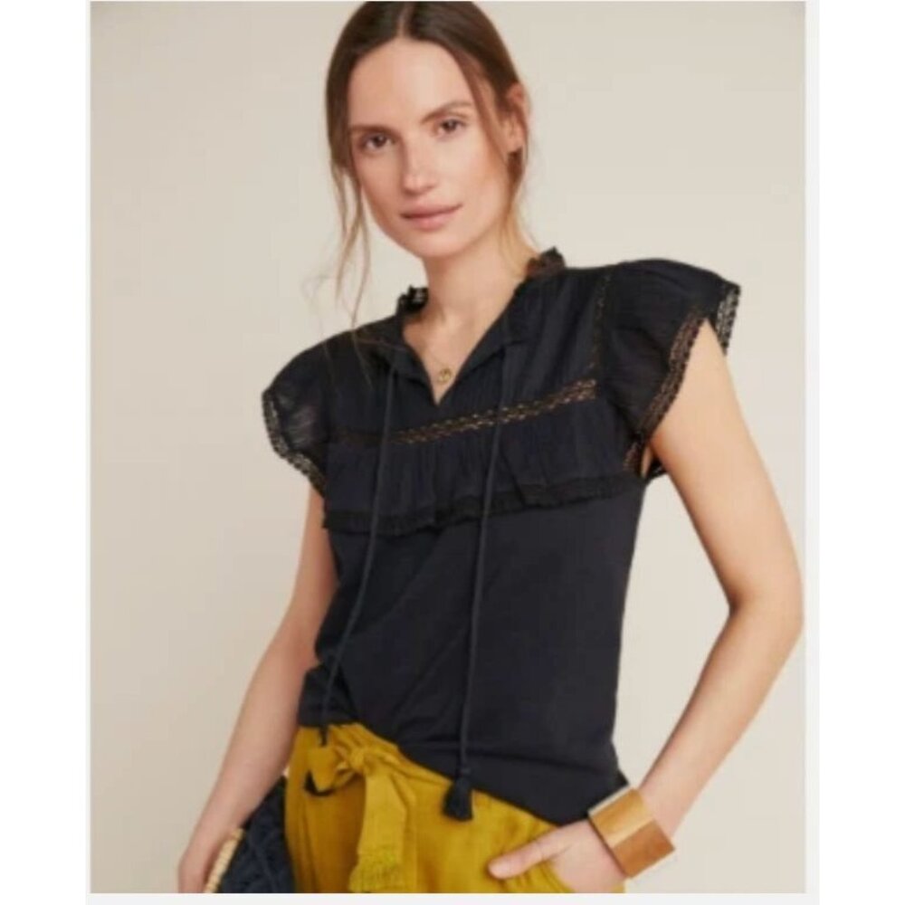 ANTHROPOLOGIE Black Pintuck Lace Ruffle Jimson Top Size XL
